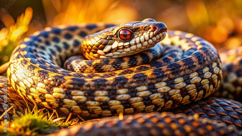 Obraz premium Adder Snake Basking in Sunlight: Wild European Reptile Close-Up