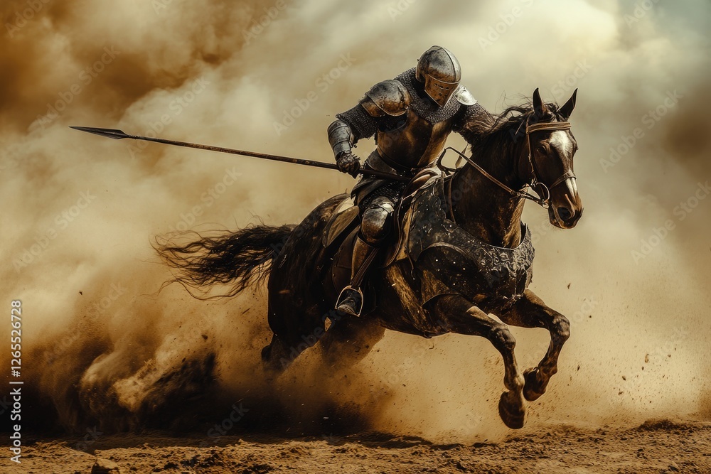 Fototapeta premium A medieval knight riding a galloping horse, charging into battle with a lance