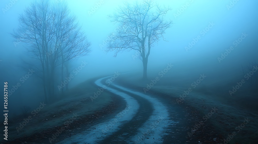 Serene winding path through a foggy landscape with bare trees, evoking tranquility and mystery Serene winding path through a foggy landscape with bare trees, evoking tranquility and mystery