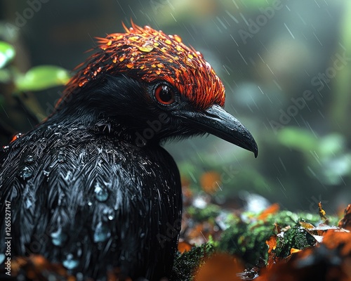 Colorful bird in rainforest rain photo
