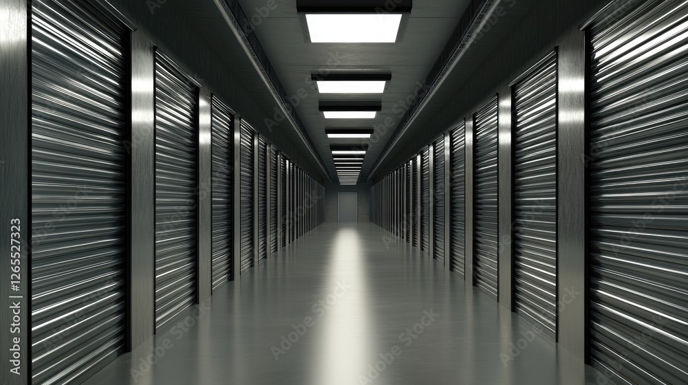 Fototapeta premium A long industrial corridor with metallic walls and bright overhead lights.