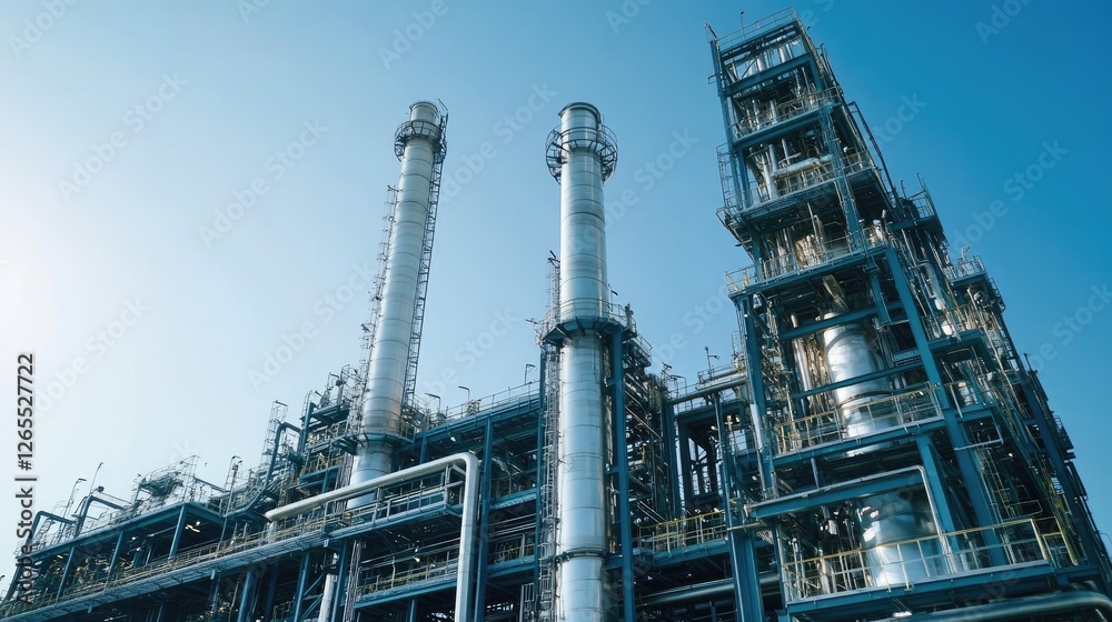 A massive factory building with tall chimneys under a clear blue sky. A massive factory building with tall chimneys under a clear blue sky.