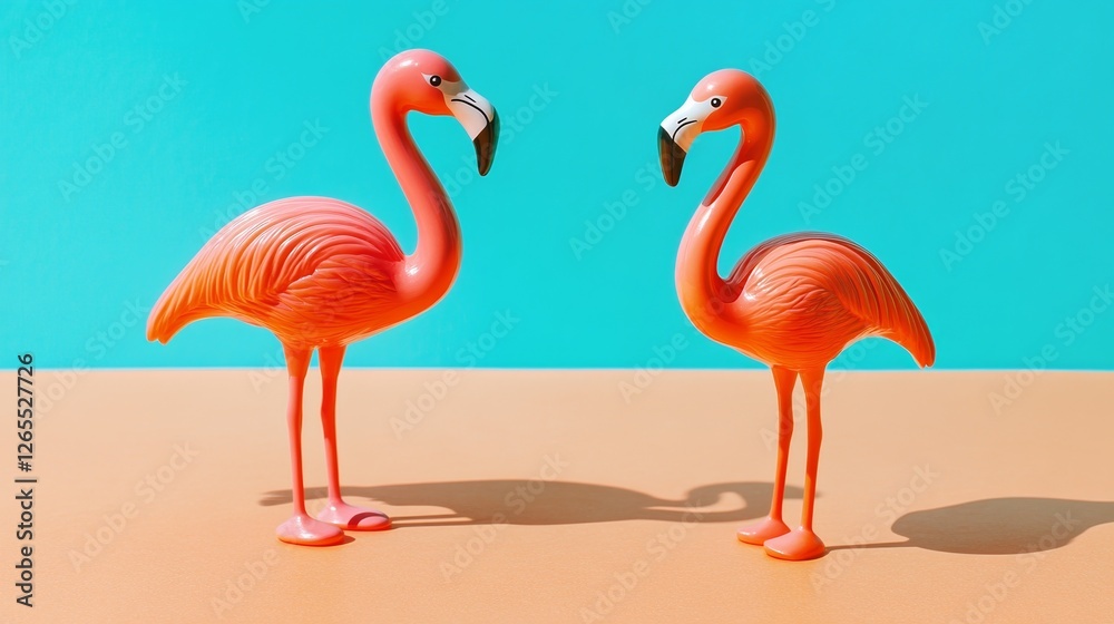 Naklejka premium Two flamingo figurines on a vibrant surface, symbolizing elegance and simplicity in a bold color palette.