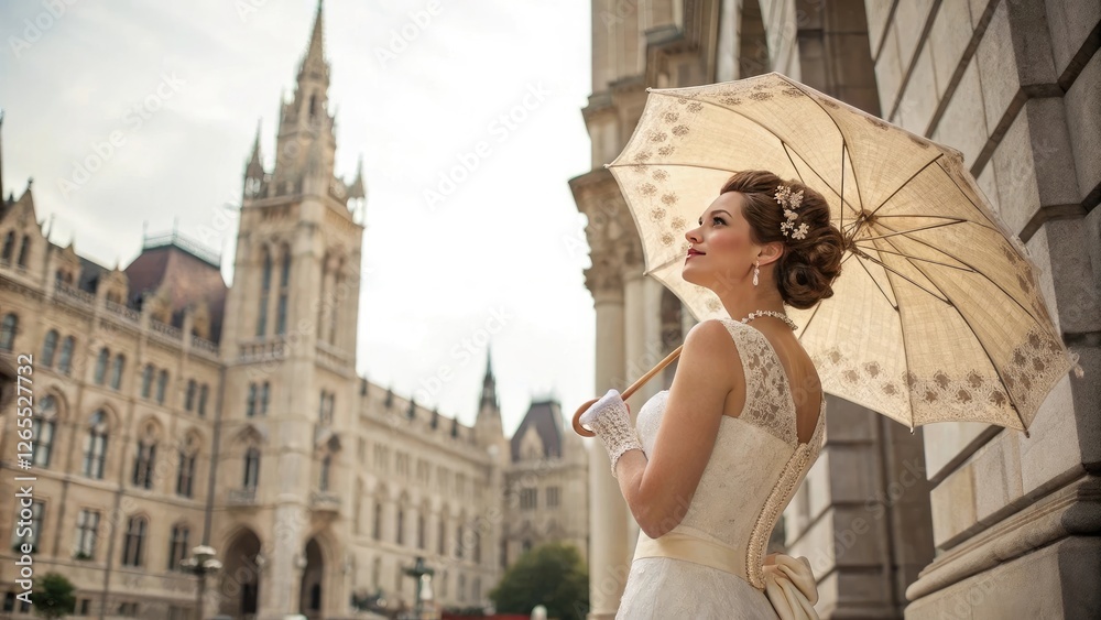 Fototapeta premium Elegant bride with umbrella posing against architecture backdrop