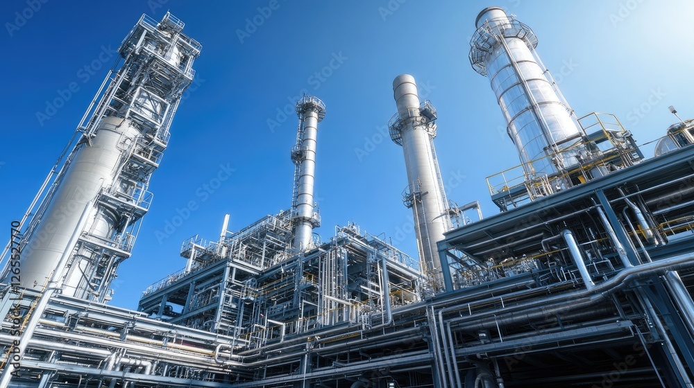 A massive factory building with tall chimneys under a clear blue sky. A massive factory building with tall chimneys under a clear blue sky.