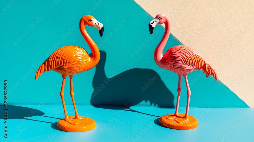 Obraz premium Two flamingo figurines on a vibrant surface, symbolizing elegance and simplicity in a bold color palette.