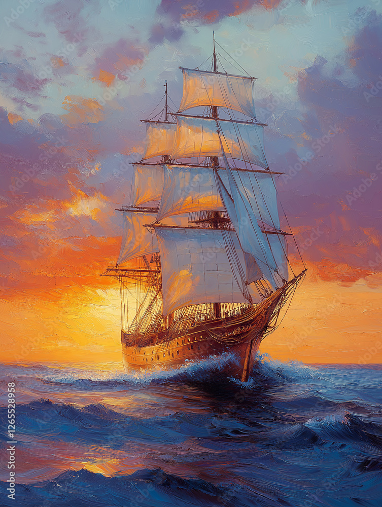 Obraz premium A majestic sailing ship with billowing sails, gracefully navigating the open sea under a vibrant sunset