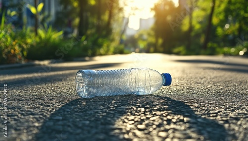 Discarded Plastic Bottle on Asphalt Road in a Sunny Park
