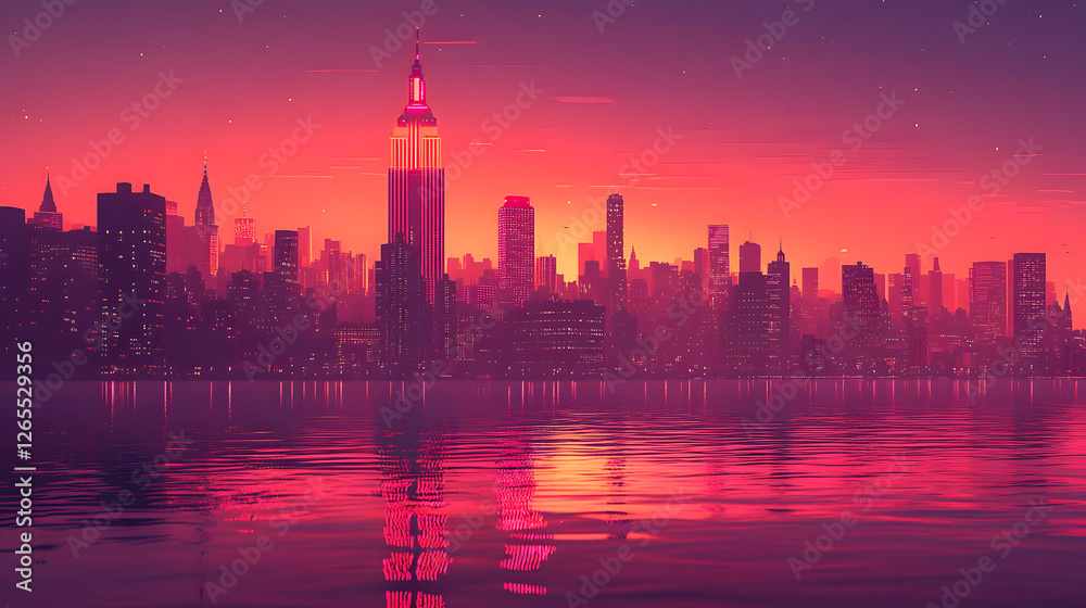 Obraz premium New York skyline at dusk, the city lights reflecting on the water with a colorful sky in the background