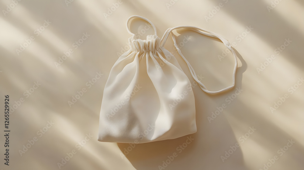 Small white drawstring bag placed on a surface with soft shadows. Small white drawstring bag placed on a surface with soft shadows.