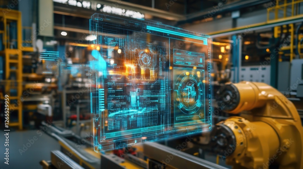 A real-time AI-powered industrial monitoring system with holographic elements. A real-time AI-powered industrial monitoring system with holographic elements.