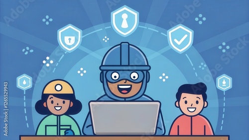 Cybersecurity hero protecting children online. A cartoon illustration of a superhero,  two children and several security icons. 