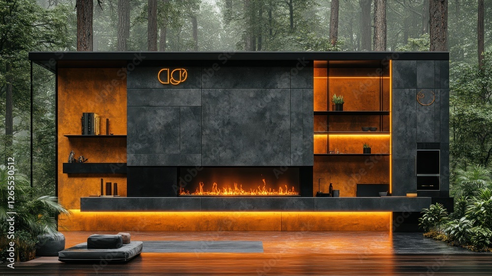 Modern fireplace cabin in a misty forest Modern fireplace cabin in a misty forest