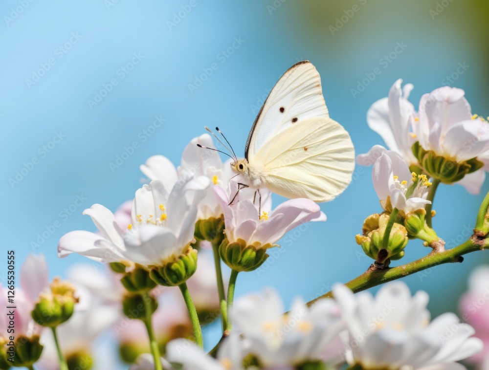 Naklejka premium White Butterfly on White Sakura Flower.