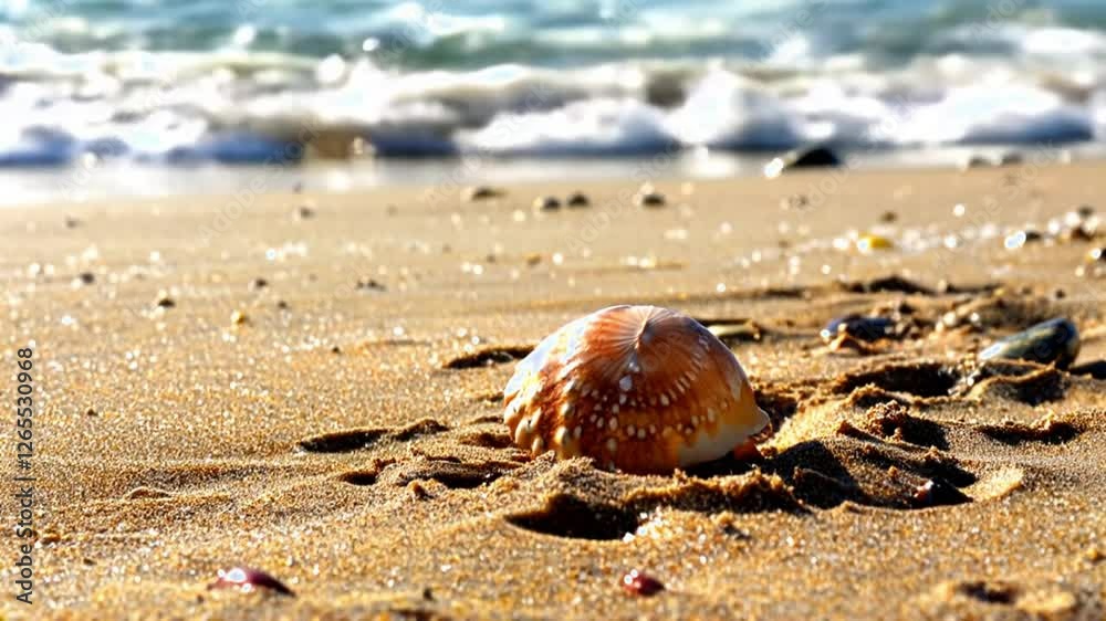 Ocean Wave Washing Over a Large Seashell on a Sandy Beach on a Summer Day Ocean Wave Washing Over a Large Seashell on a Sandy Beach on a Summer Day