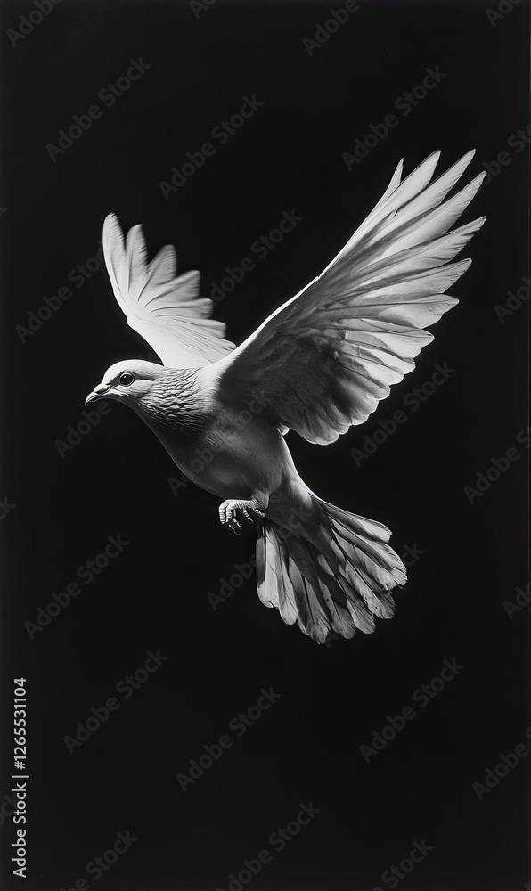 Fototapeta premium Black-and-white dove in flight, against a black background