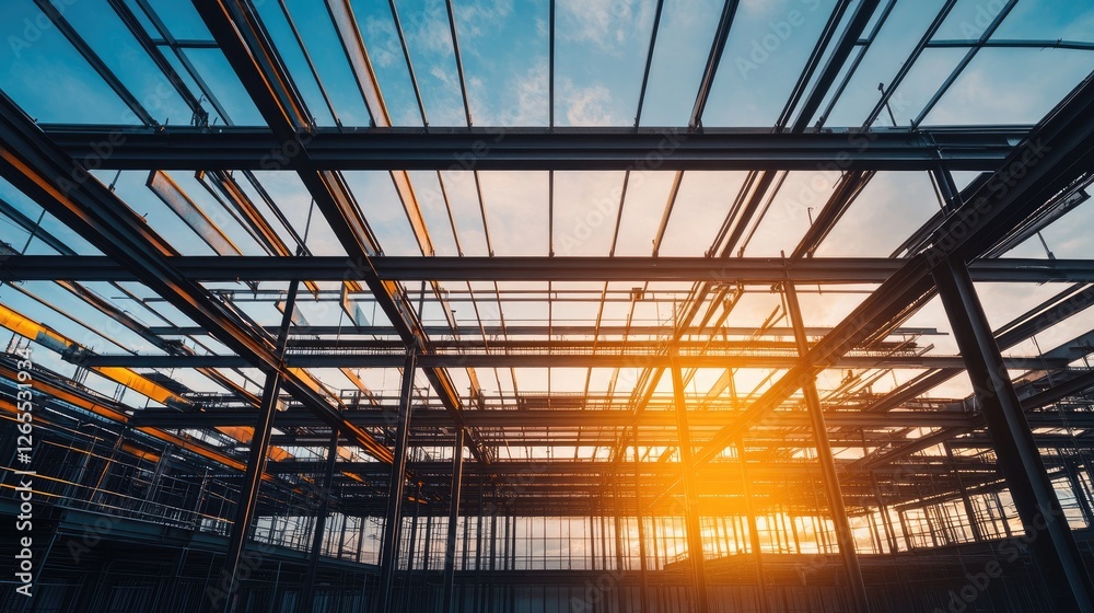 A steel framework under construction, showing an unfinished industrial structure. A steel framework under construction, showing an unfinished industrial structure.