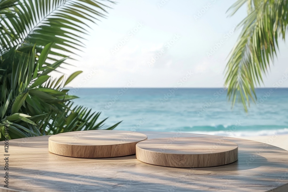 Fototapeta premium Display and presentation podium with tropical summer beach on the background