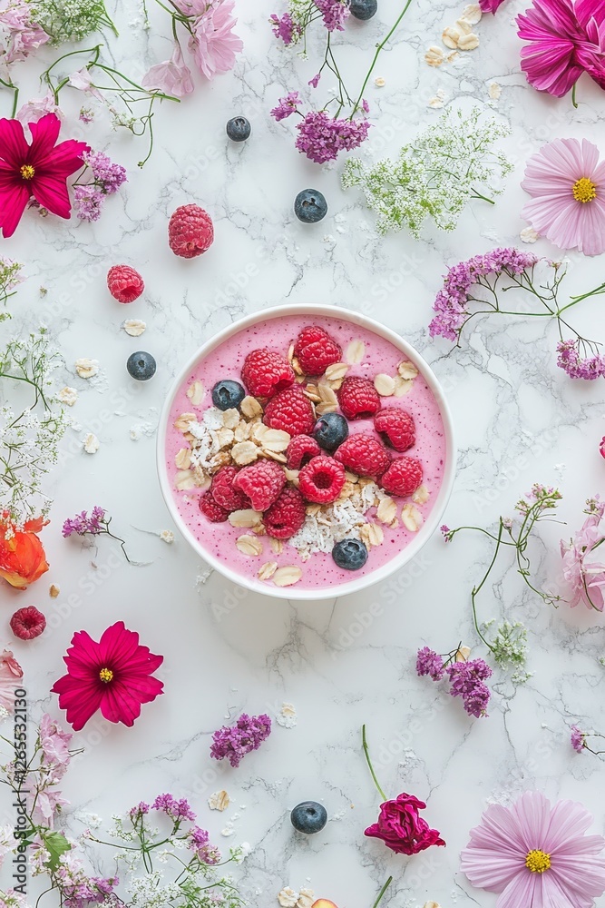 Naklejka premium Pink Smoothie Bowl with Raspberries, Blueberries, and Edible Flowers, Healthy Breakfast Concept