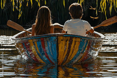 Couple Rowing Colorful Boat on Calm Lake at Sunset