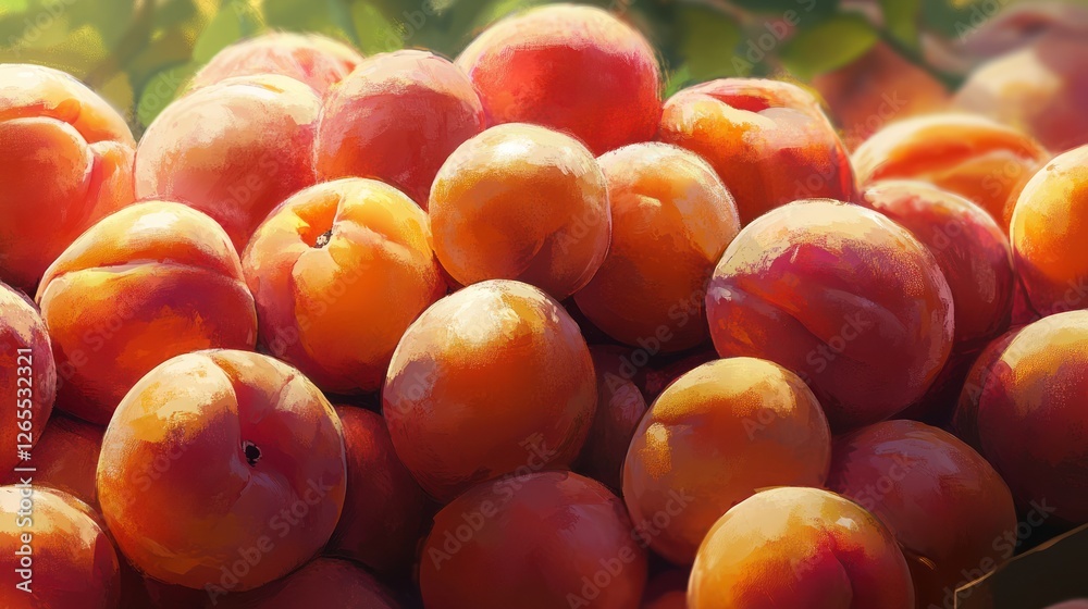 Ripe peaches sunlight market stall summer fruit Ripe peaches sunlight market stall summer fruit