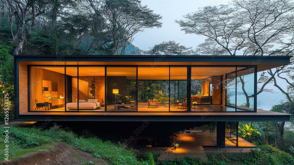 Fototapeta premium Modern glass house on hillside overlooking lake at dusk