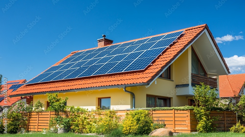 Modern house with solar panels on gable roof, clean design, natural light, sustainable living concept. Modern house with solar panels on gable roof, clean design, natural light, sustainable living concept.