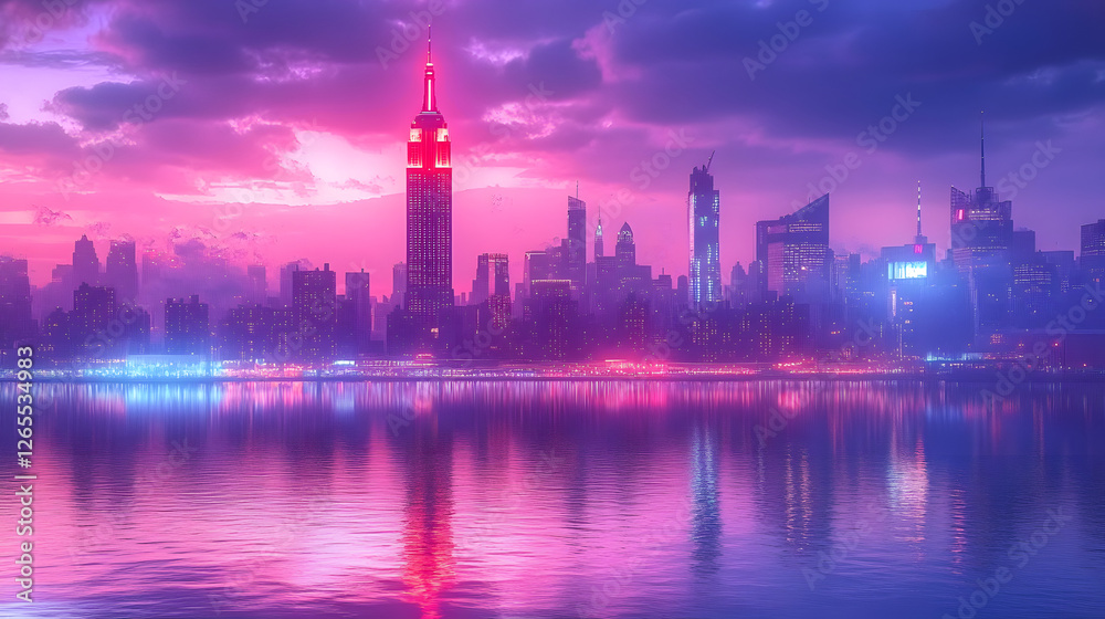 Fototapeta premium New York skyline at dusk, the city lights reflecting on the water with a colorful sky in the background