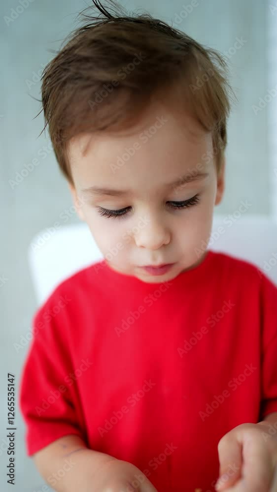 Beautiful Caucasian toddler boy in red t-shirt chewing food. Kid peels an orange, shoves it into mouth and raises hands cheerfully. Vertical video. Beautiful Caucasian toddler boy in red t-shirt chewing food. Kid peels an orange, shoves it into mouth and raises hands cheerfully. Vertical video.