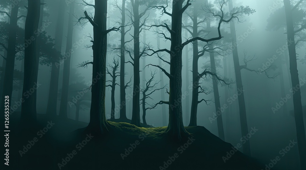 Obraz premium Mysterious Foggy Forest Landscape Dark Trees Nature Scene