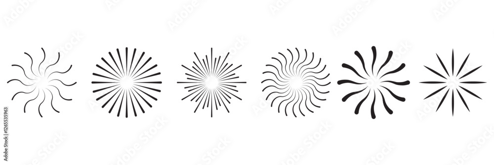 Set of round sunburst, line editable sun frame. Radial circle lines. Firework black explosion. Set of round sunburst, line editable sun frame. Radial circle lines. Firework black explosion.