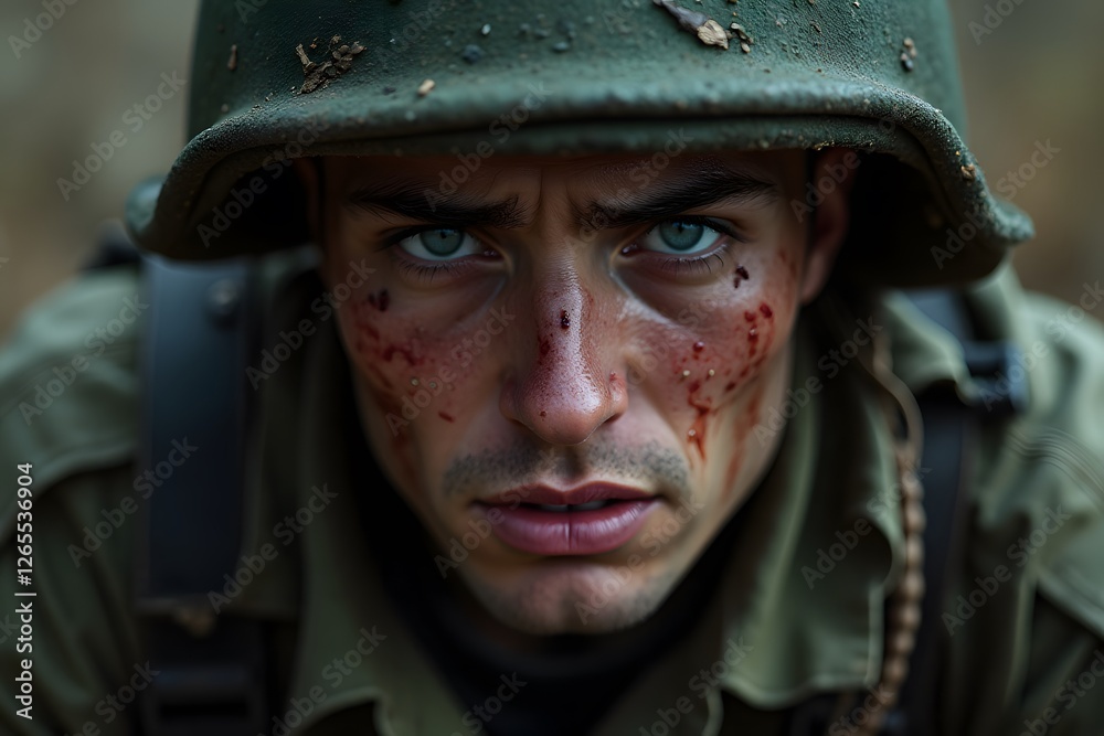 A hyper-detailed soldier’s face, streaked with dirt and tears, eyes full of pain. A hyper-detailed soldier’s face, streaked with dirt and tears, eyes full of pain.