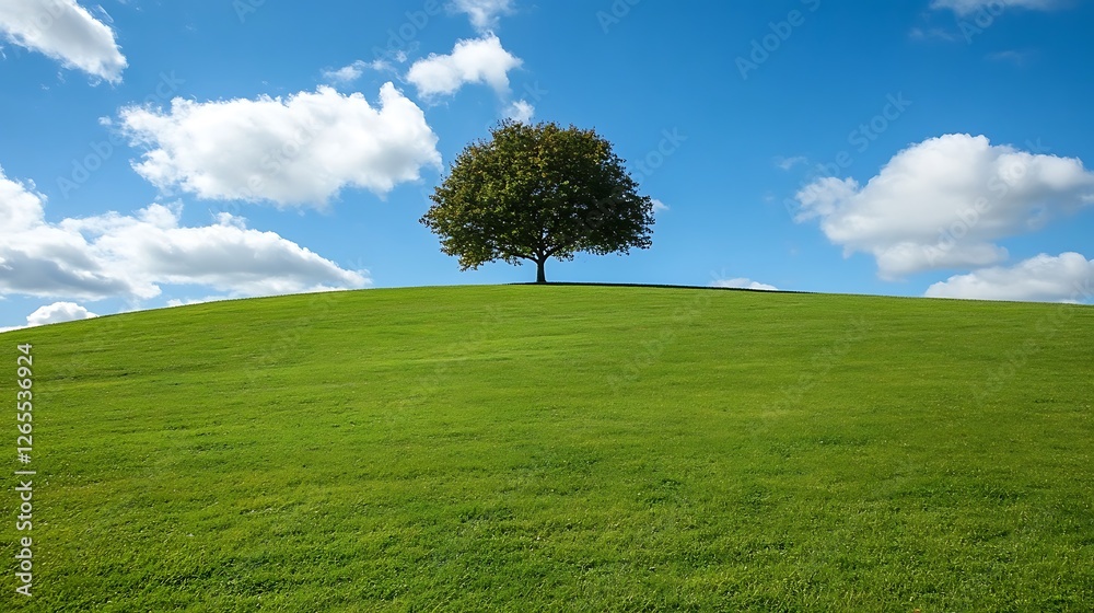 Solitary Tree on a Verdant Rolling Hill Under a Blue Sky Solitary Tree on a Verdant Rolling Hill Under a Blue Sky