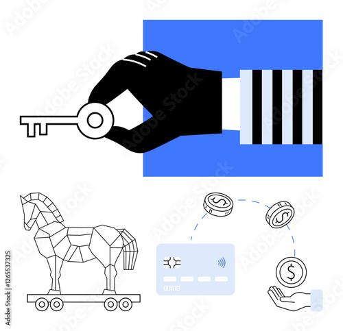 Hand holding key, robotic Trojan Horse, payment card processing money with coins falling. Ideal for cybersecurity, online fraud, information security, digital transactions, financial safety, cyber