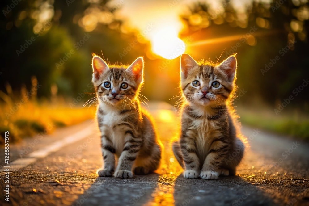 Adorable Kittens Sunset Road Panoramic Photo - Cute Cats Golden Hour Street Photography Adorable Kittens Sunset Road Panoramic Photo - Cute Cats Golden Hour Street Photography