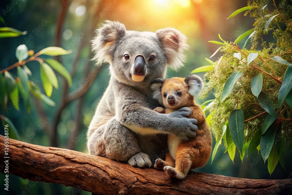 Fototapeta premium Adorable Koala Hugging Teddy Bear on Tree Branch - Cute Wildlife Stock Photo