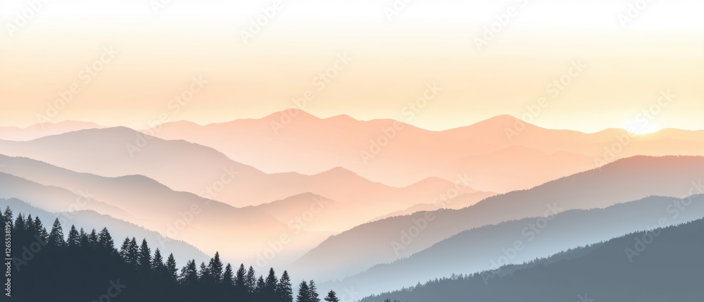 Fototapeta premium A breathtaking mountain range at sunrise, with a forested valley in the foreground.