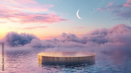 Fototapeta Naklejka Na Ścianę i Meble -  Dreamy surreal landscape with a golden circular platform floating on calm water, surrounded by pastel clouds and a crescent moon in a colorful twilight sky.