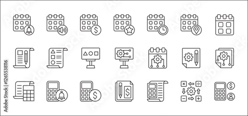 Business calendar schedule thin line icon set. Finance and accounting icons. Icon set contains symbol of plan, strategy, calculator, agenda, financial, billing, event alert, profit, invoice, statement