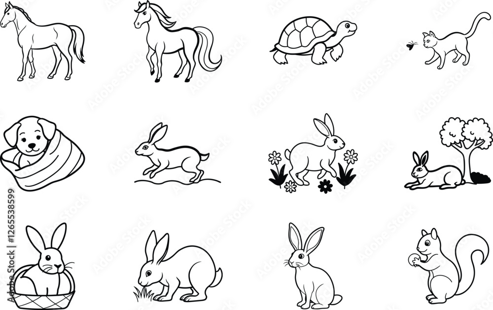 Obraz premium Cute Animal Drawings Horse, Cat, Turtle, Rabbit, Dog, Squirrel