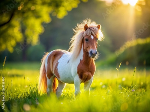 Adorable Mini Horse: Tiny Falabella Horse in a Lush Green Pasture photo