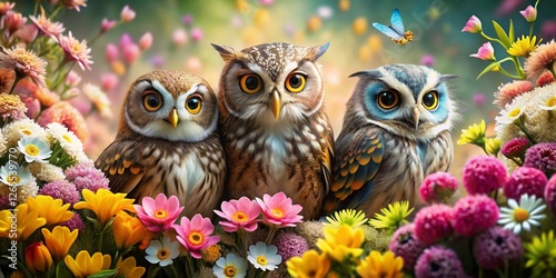 Adorable Owls Nestled Among Blossoming Flowers: A Whimsical Springtime Scene