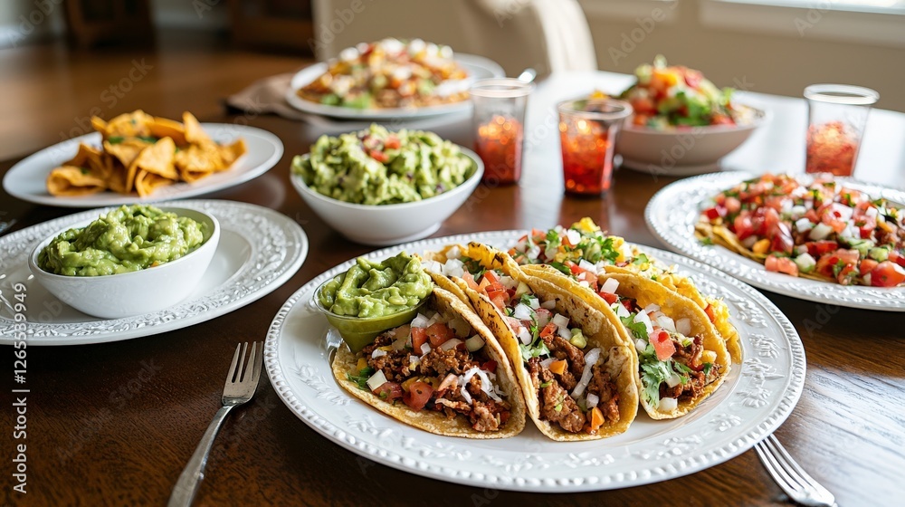 Festive taco table setup with guacamole home dining food display cozy environment top view culinary delight Festive taco table setup with guacamole home dining food display cozy environment top view culinary delight