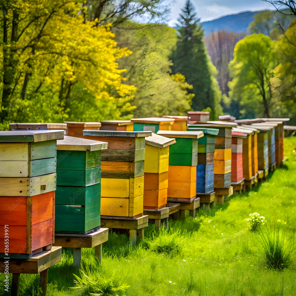 photo of wooden colored beehives in the nature photo of wooden colored beehives in the nature