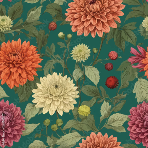 Seamless autumn floral pattern with dahlias, chrysanthemums, asters, zinnias, dogwood berries. Vintage engraving style. Green