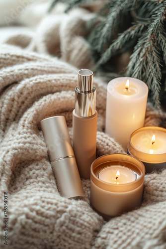 Cosmetic product in stylish packaging among a warm soft blanket and candles photo