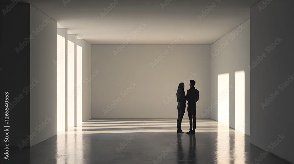 standing in their empty new house, imagining and discussing interior decoration ideas standing in their empty new house, imagining and discussing interior decoration ideas