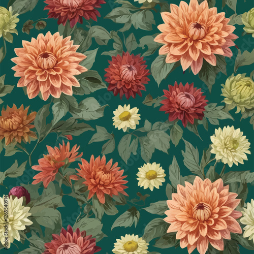 Seamless autumn floral pattern with dahlias, chrysanthemums, asters, zinnias, dogwood berries. Vintage engraving style. Green