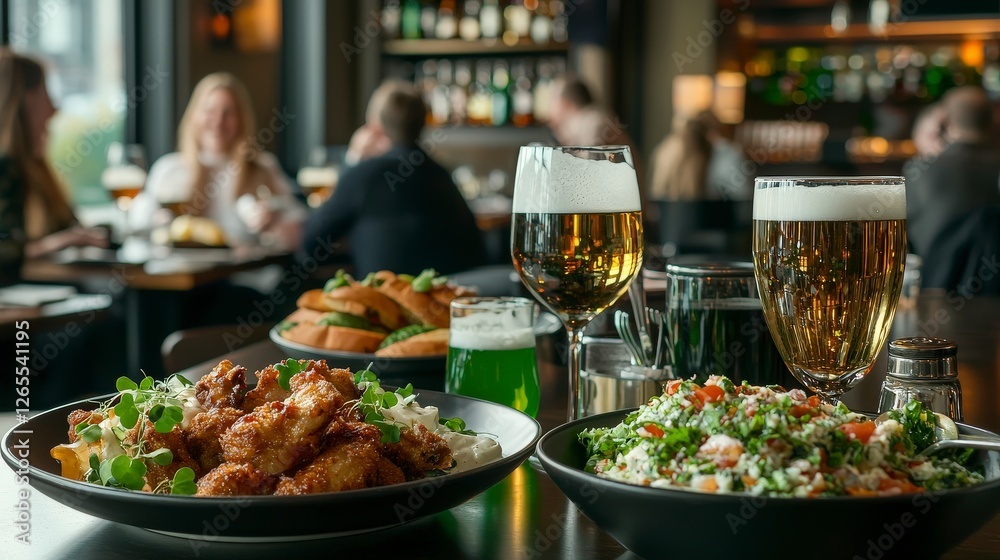 Fototapeta premium Friends laughing and enjoying food and drinks at a lively irish pub cozy atmosphere indoor setting
