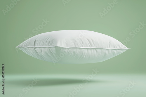 A white pillow floating in the air against a green background, product photography, studio lighting, high-resolution photography.

